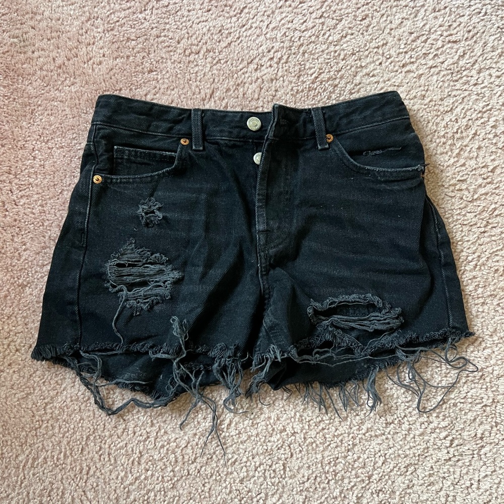 Topshop High Rise Black Denim Distressed Ashley Short shorts